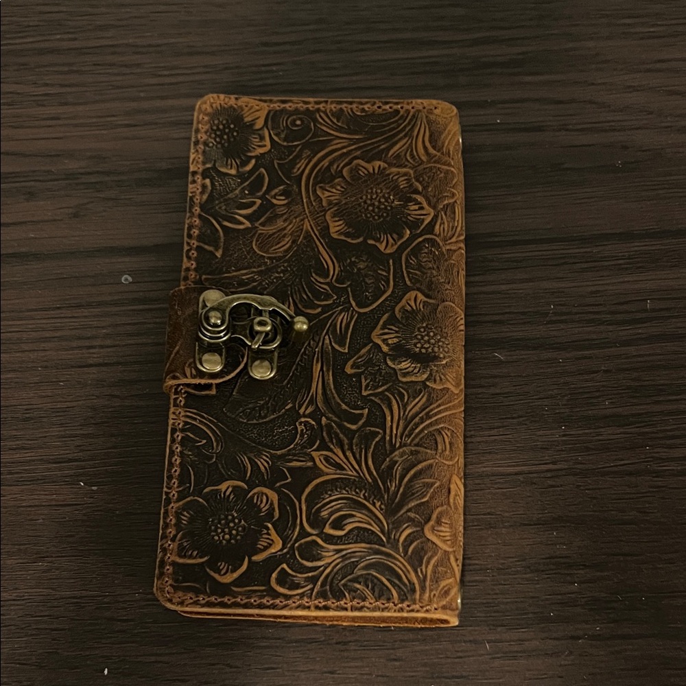 Vintage Floral Embossed Brown Leather Phone Wallet Case